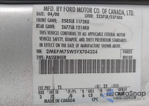 2000 Mercury Grand Marquis Ls z USA, uszkodzony, nr VIN 2MEFM75W5YX704324